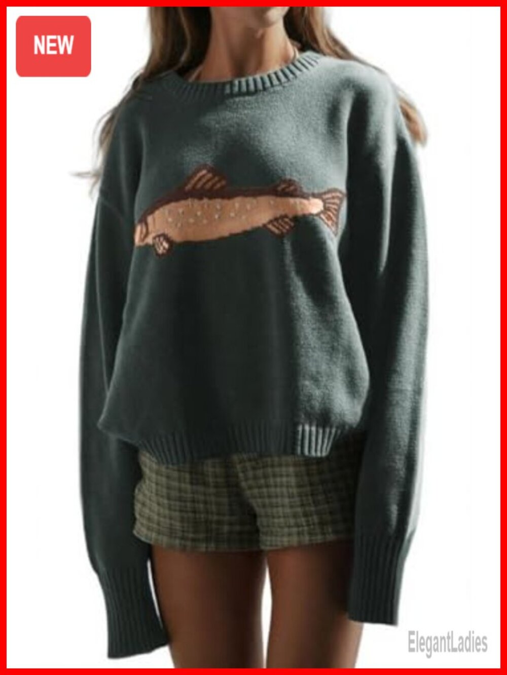 Womens Oversized Rib Knit Carp Graphic Crew Neck Pullover Sweater